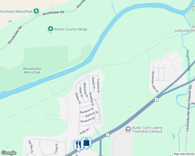 map of restaurants, bars, coffee shops, grocery stores, and more near 346 Tanbark Drive in Hamilton
