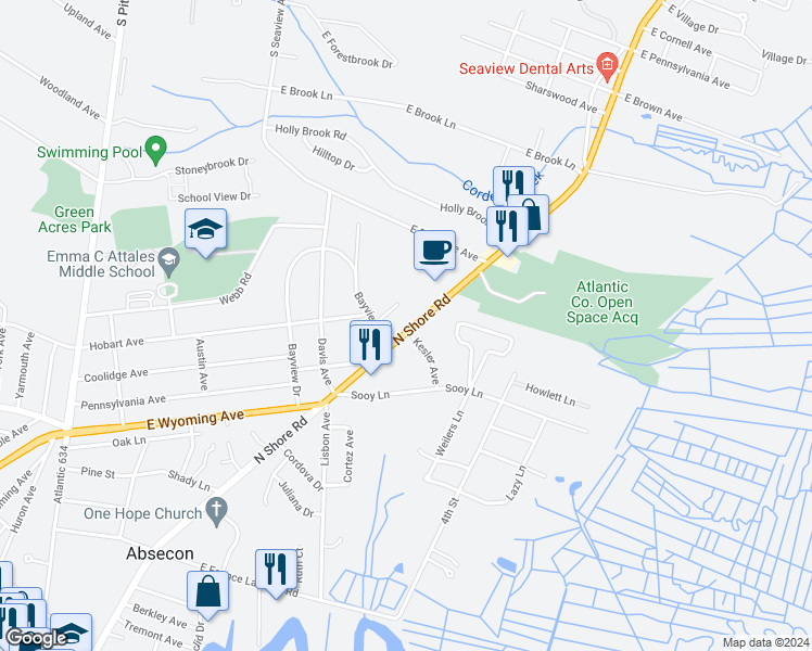 map of restaurants, bars, coffee shops, grocery stores, and more near 721 North Shore Road in Absecon