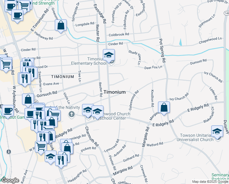 map of restaurants, bars, coffee shops, grocery stores, and more near in Timonium