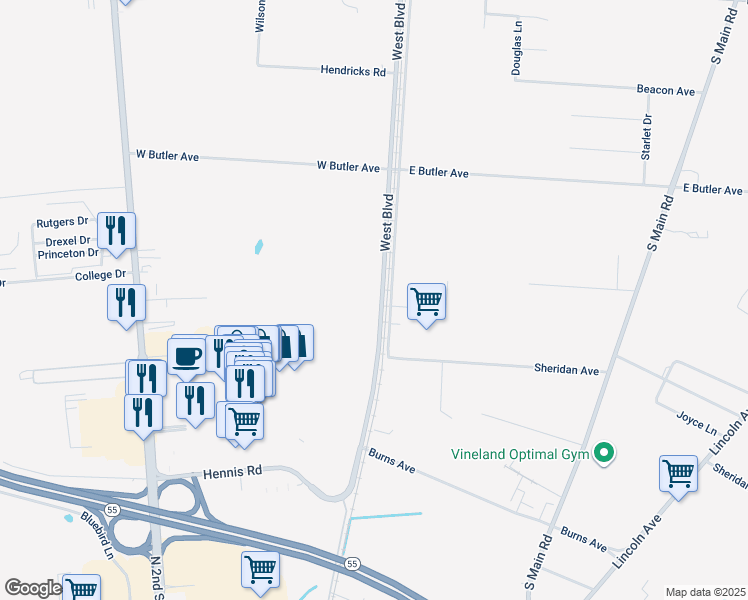map of restaurants, bars, coffee shops, grocery stores, and more near 3504 West Boulevard in Vineland