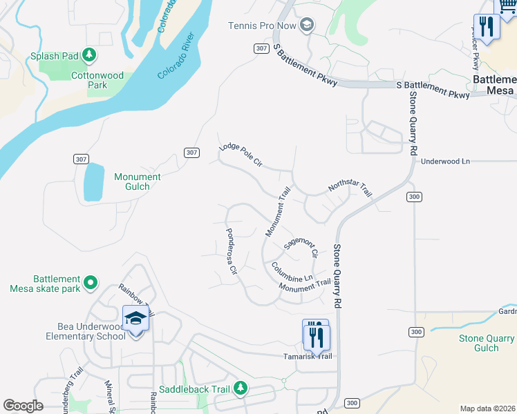 map of restaurants, bars, coffee shops, grocery stores, and more near 577 Ponderosa Circle in Battlement Mesa
