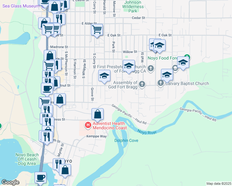 map of restaurants, bars, coffee shops, grocery stores, and more near 137 Olsen Lane in Fort Bragg