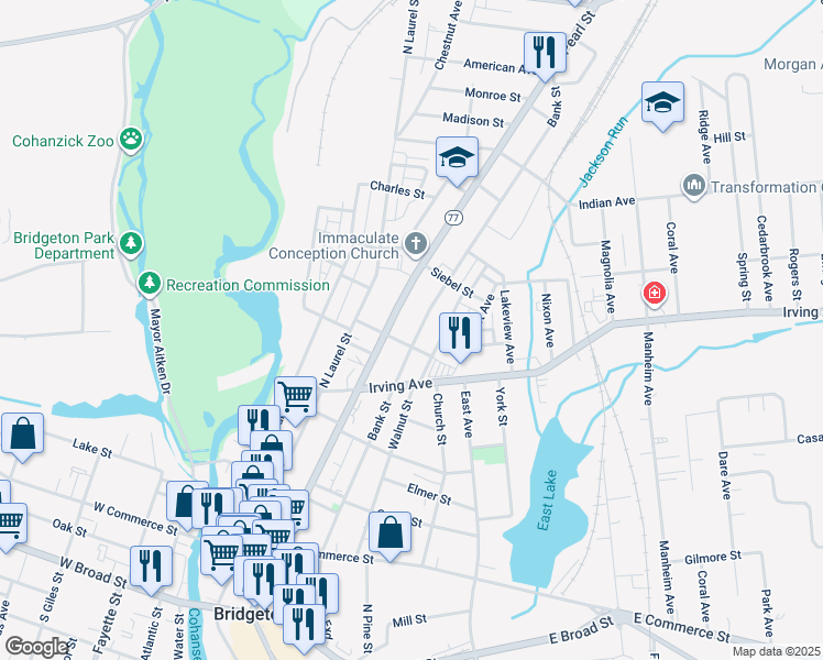 map of restaurants, bars, coffee shops, grocery stores, and more near 224 Bank Street in Bridgeton