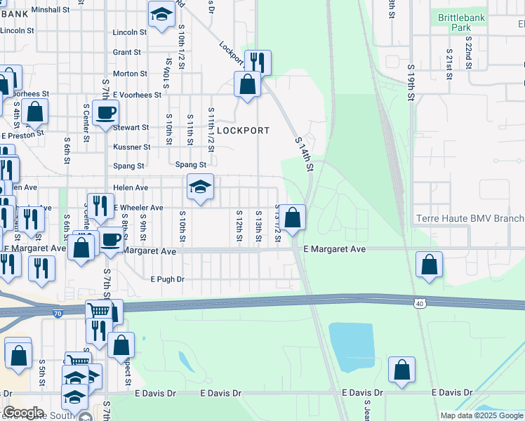 map of restaurants, bars, coffee shops, grocery stores, and more near 2946 South 13th Street in Terre Haute