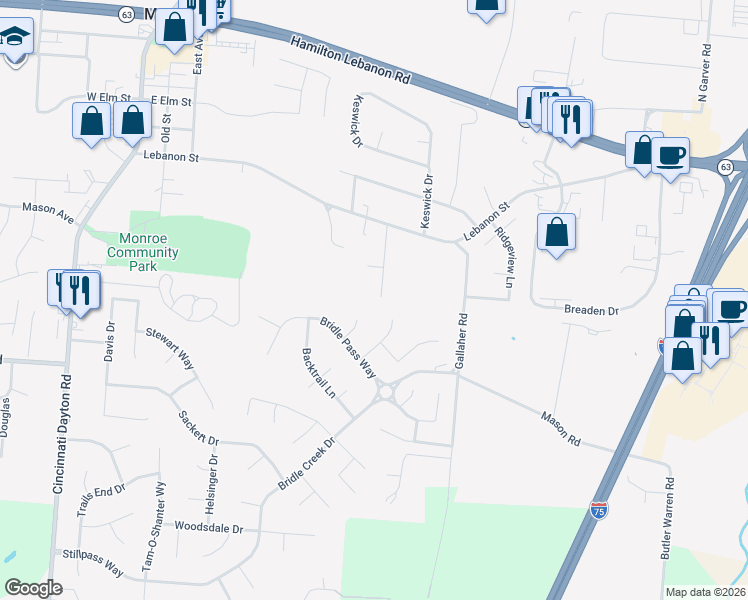 map of restaurants, bars, coffee shops, grocery stores, and more near 45 Buggywhip Court in Monroe