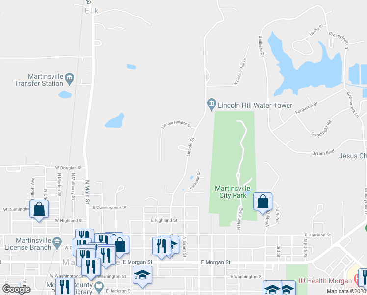 map of restaurants, bars, coffee shops, grocery stores, and more near 860 North Lincoln Street in Martinsville