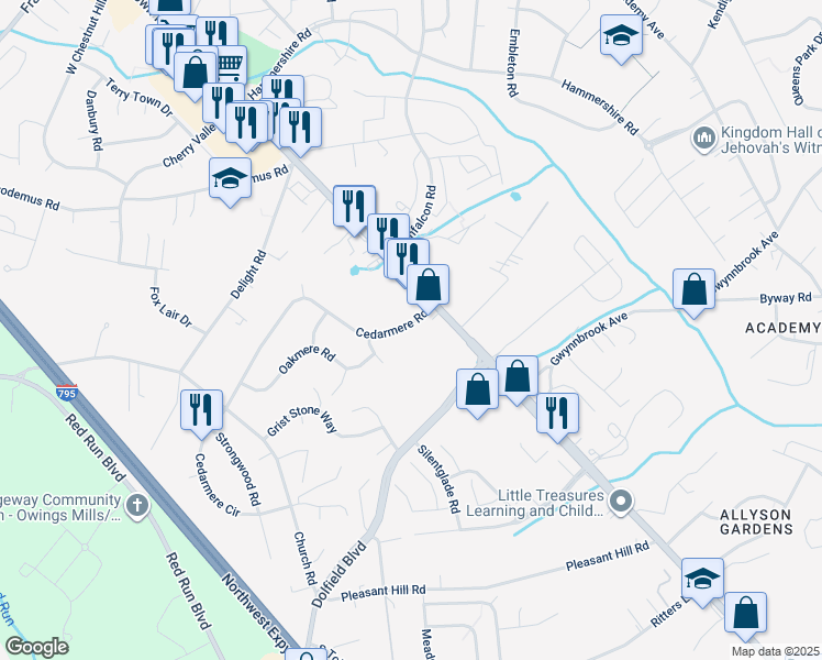 map of restaurants, bars, coffee shops, grocery stores, and more near 7 Cedarmere Road in Owings Mills