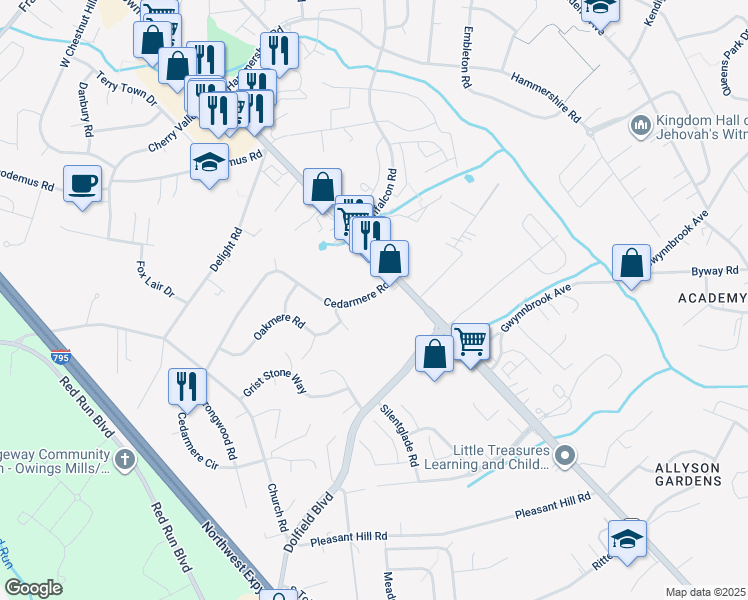 map of restaurants, bars, coffee shops, grocery stores, and more near 7 Cedarmere Road in Owings Mills