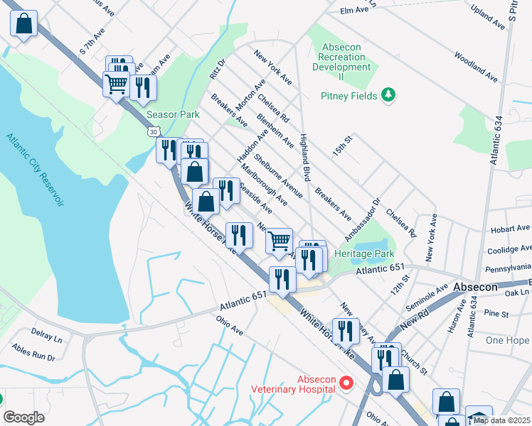 map of restaurants, bars, coffee shops, grocery stores, and more near 646 White Horse Pike in Absecon