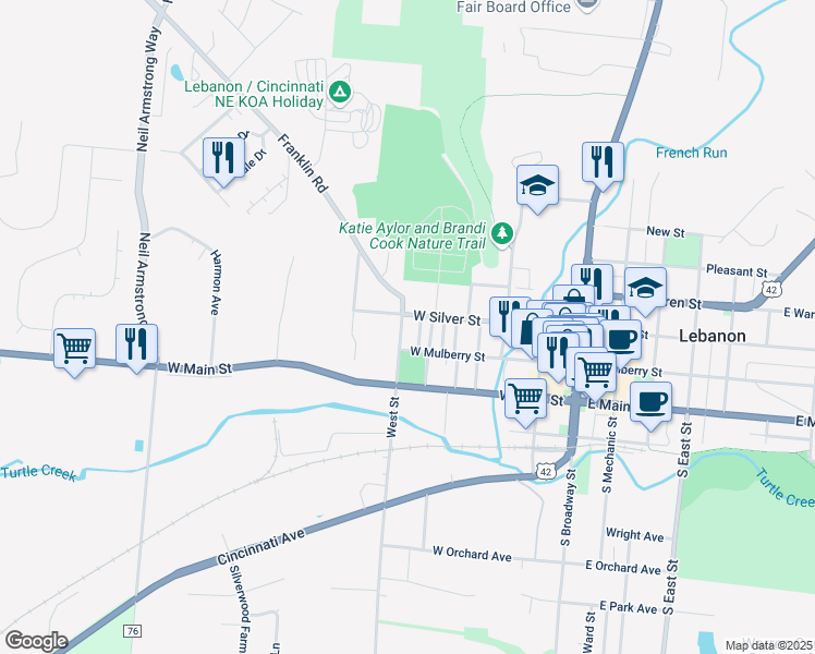 map of restaurants, bars, coffee shops, grocery stores, and more near 510 West Mulberry Street in Lebanon