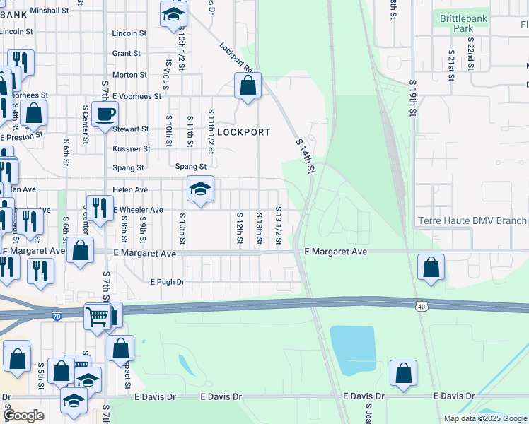 map of restaurants, bars, coffee shops, grocery stores, and more near 2946 South 13th Street in Terre Haute