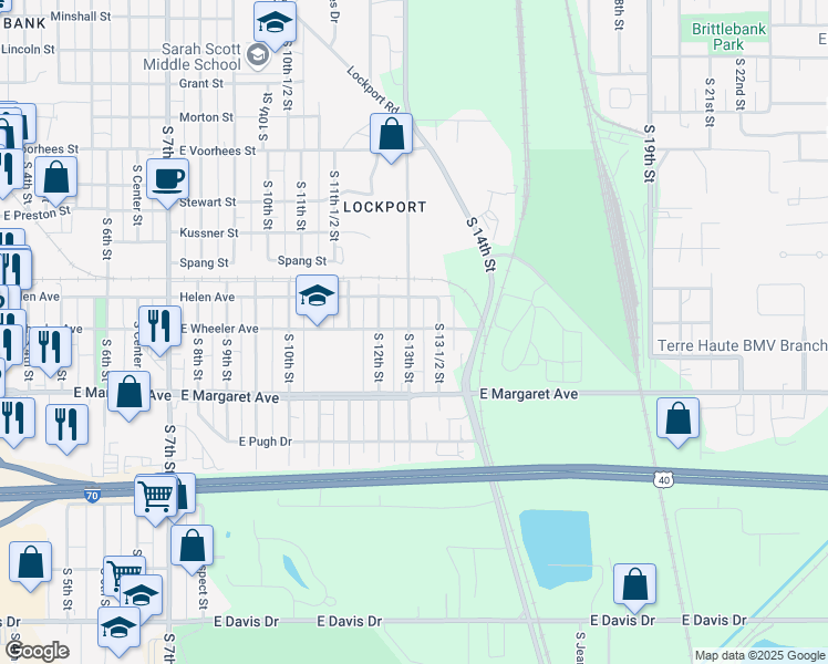 map of restaurants, bars, coffee shops, grocery stores, and more near 2946 South 13th Street in Terre Haute