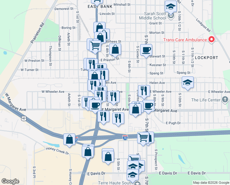 map of restaurants, bars, coffee shops, grocery stores, and more near 2917 South 5th Street in Terre Haute