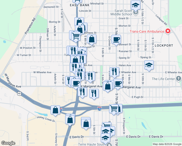 map of restaurants, bars, coffee shops, grocery stores, and more near 2917 South 5th Street in Terre Haute