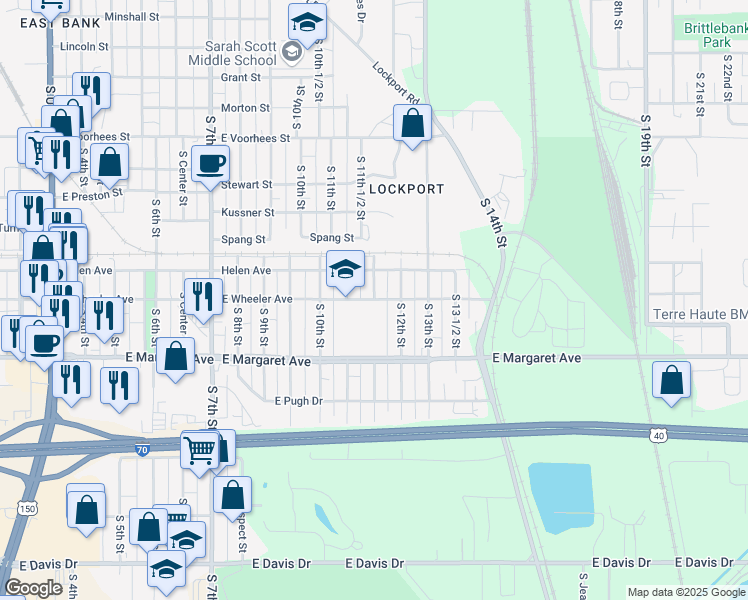 map of restaurants, bars, coffee shops, grocery stores, and more near 1111 Wheeler Avenue in Terre Haute