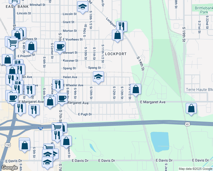map of restaurants, bars, coffee shops, grocery stores, and more near 1111 Wheeler Avenue in Terre Haute