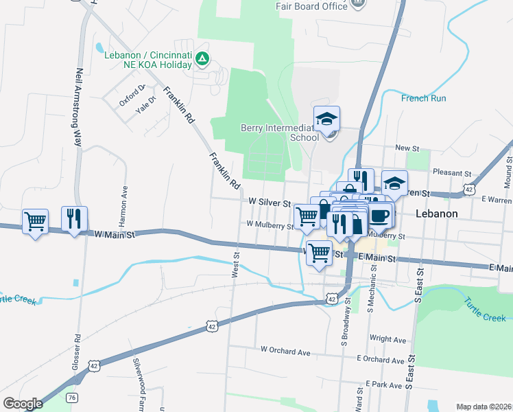 map of restaurants, bars, coffee shops, grocery stores, and more near 510 West Mulberry Street in Lebanon