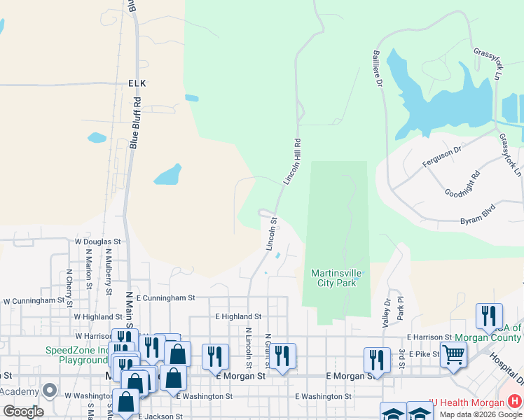 map of restaurants, bars, coffee shops, grocery stores, and more near 863 Lincoln Heights Drive in Martinsville