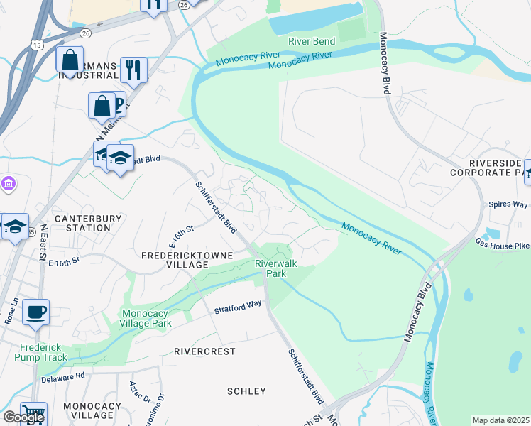 map of restaurants, bars, coffee shops, grocery stores, and more near 1511 Beverly Court in Frederick