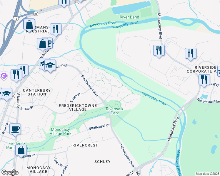 map of restaurants, bars, coffee shops, grocery stores, and more near 1511 Beverly Court in Frederick