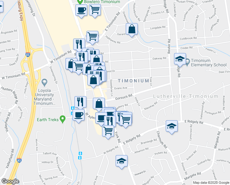 map of restaurants, bars, coffee shops, grocery stores, and more near 15 Evans Avenue in Lutherville-Timonium
