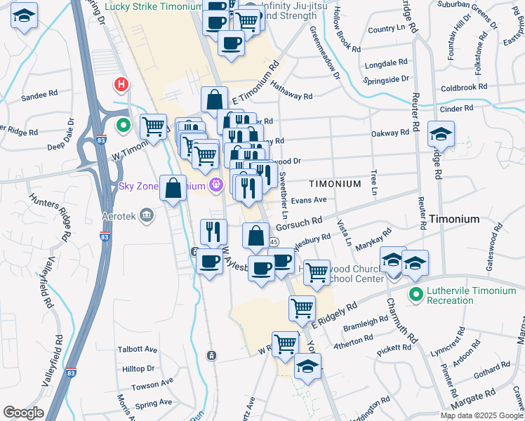 map of restaurants, bars, coffee shops, grocery stores, and more near 1964 York Road in Lutherville-Timonium