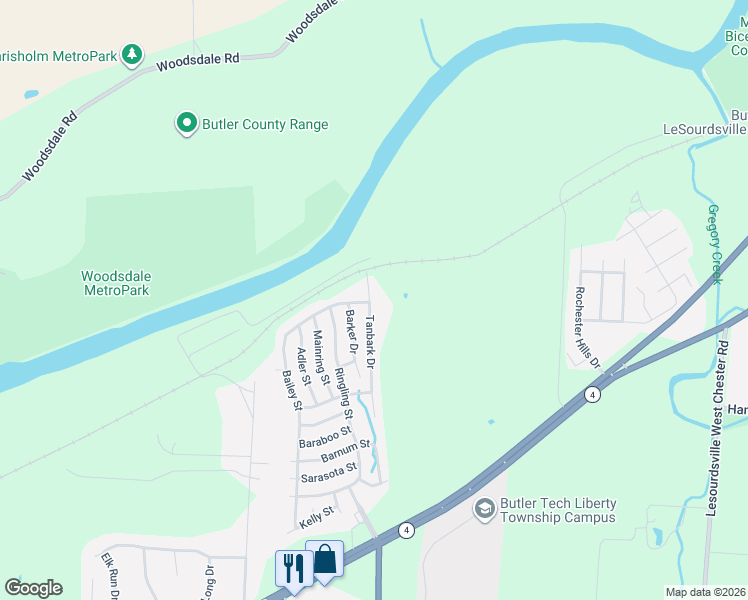 map of restaurants, bars, coffee shops, grocery stores, and more near 346 Tanbark Drive in Hamilton