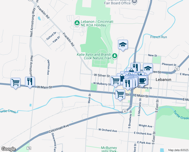 map of restaurants, bars, coffee shops, grocery stores, and more near 514 West Silver Street in Lebanon