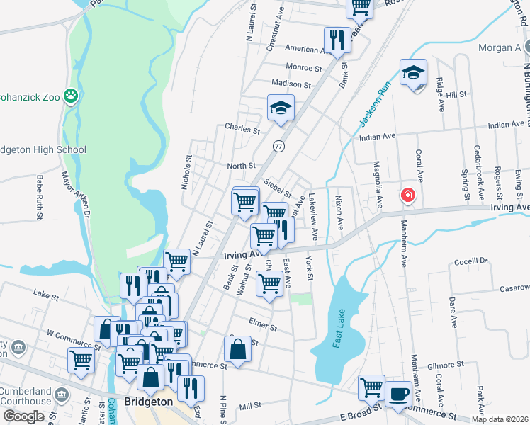 map of restaurants, bars, coffee shops, grocery stores, and more near 274 Walnut Street in Bridgeton