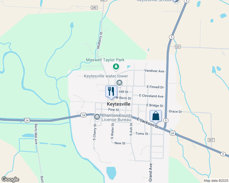 map of restaurants, bars, coffee shops, grocery stores, and more near Hill Street in Keytesville