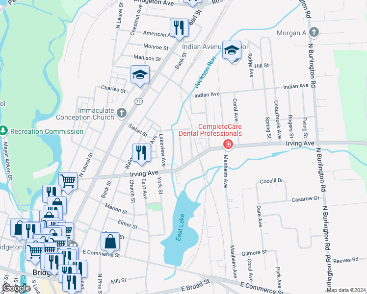 map of restaurants, bars, coffee shops, grocery stores, and more near 37 Nixon Avenue in Bridgeton