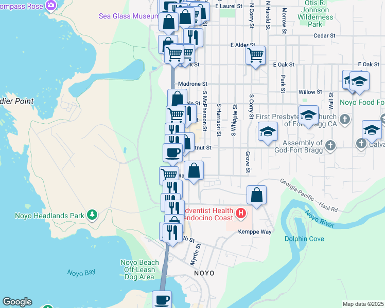 map of restaurants, bars, coffee shops, grocery stores, and more near 520 South Franklin Street in Fort Bragg