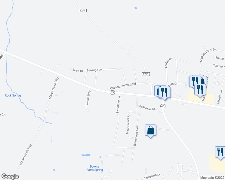 map of restaurants, bars, coffee shops, grocery stores, and more near 58 Old Martinsburg Road in Shepherdstown