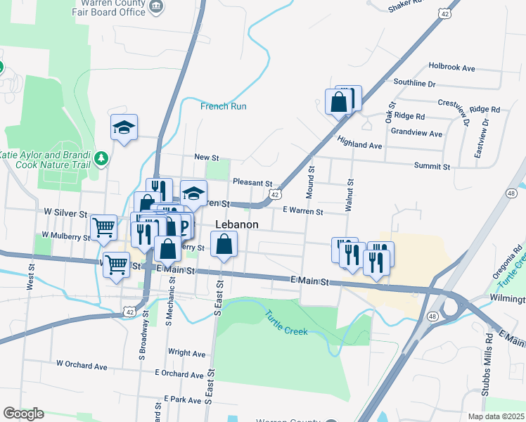 map of restaurants, bars, coffee shops, grocery stores, and more near 205 Columbus Avenue in Lebanon