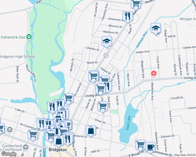 map of restaurants, bars, coffee shops, grocery stores, and more near 279 North Pearl Street in Bridgeton