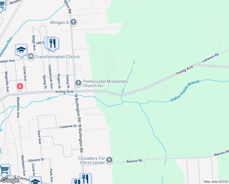 map of restaurants, bars, coffee shops, grocery stores, and more near 553 Irving Avenue in Bridgeton
