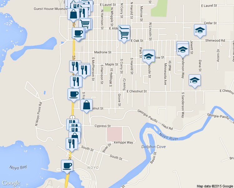 map of restaurants, bars, coffee shops, grocery stores, and more near 121 Grove Street in Fort Bragg