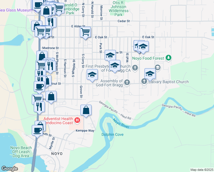 map of restaurants, bars, coffee shops, grocery stores, and more near 753 East Chestnut Street in Fort Bragg