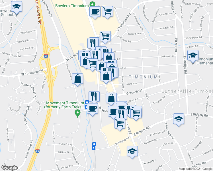 map of restaurants, bars, coffee shops, grocery stores, and more near 1964 York Road in Lutherville-Timonium