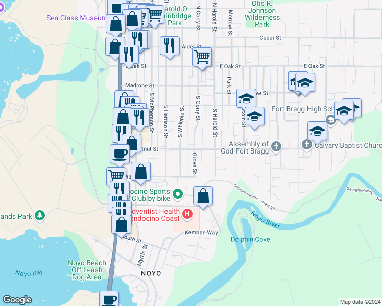 map of restaurants, bars, coffee shops, grocery stores, and more near 121 Grove Street in Fort Bragg