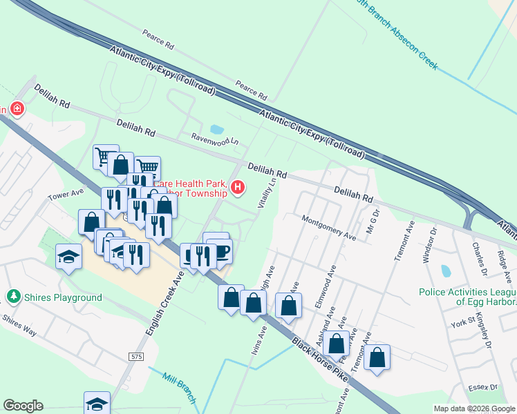 map of restaurants, bars, coffee shops, grocery stores, and more near 2500 English Creek Avenue in Egg Harbor Township