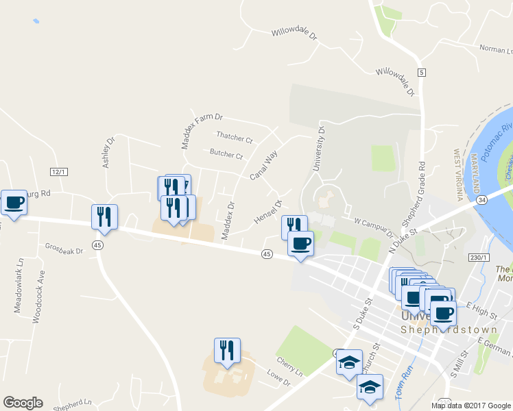 map of restaurants, bars, coffee shops, grocery stores, and more near 145 Hensel Drive in Shepherdstown