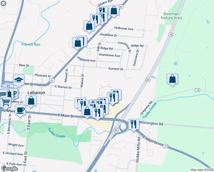 map of restaurants, bars, coffee shops, grocery stores, and more near 118 Dave Avenue in Lebanon
