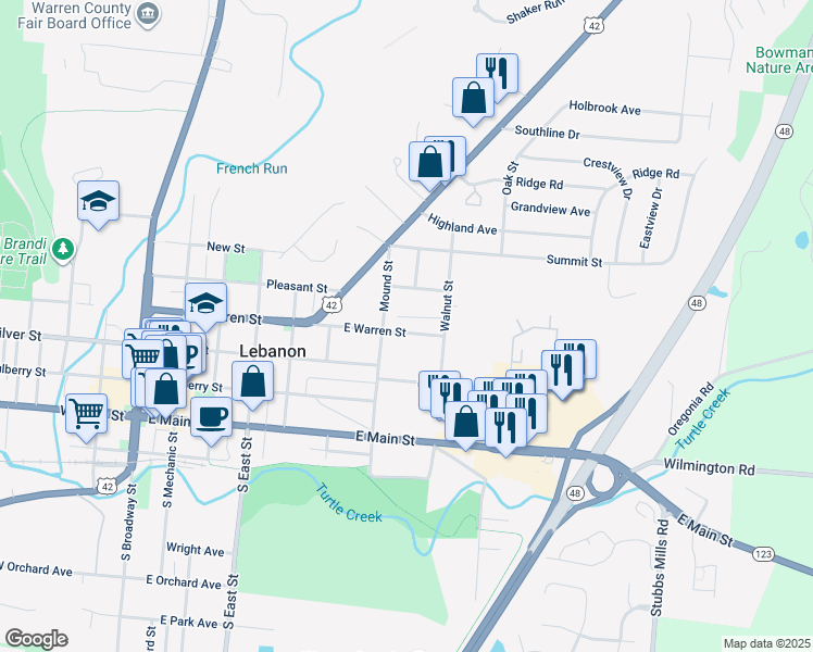 map of restaurants, bars, coffee shops, grocery stores, and more near 210 Mound Street in Lebanon