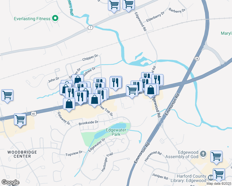 map of restaurants, bars, coffee shops, grocery stores, and more near 2000 Pulaski Highway in Edgewood