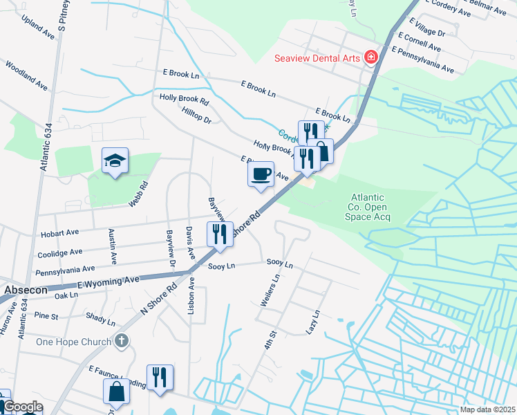 map of restaurants, bars, coffee shops, grocery stores, and more near 743 North Shore Road in Absecon