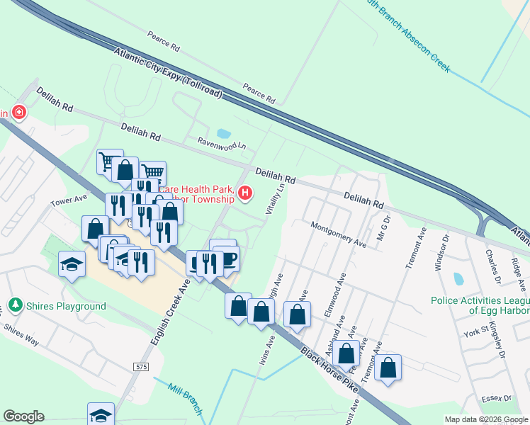 map of restaurants, bars, coffee shops, grocery stores, and more near 2500 English Creek Avenue in Egg Harbor Township