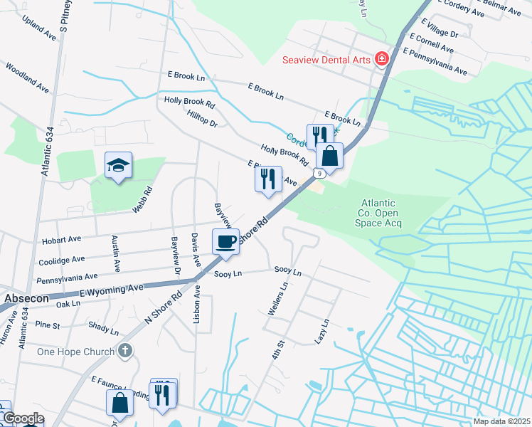 map of restaurants, bars, coffee shops, grocery stores, and more near 743 North Shore Road in Absecon