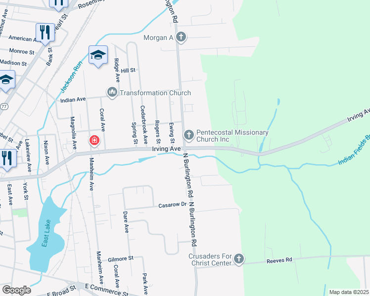 map of restaurants, bars, coffee shops, grocery stores, and more near 215 North Burlington Road in Bridgeton