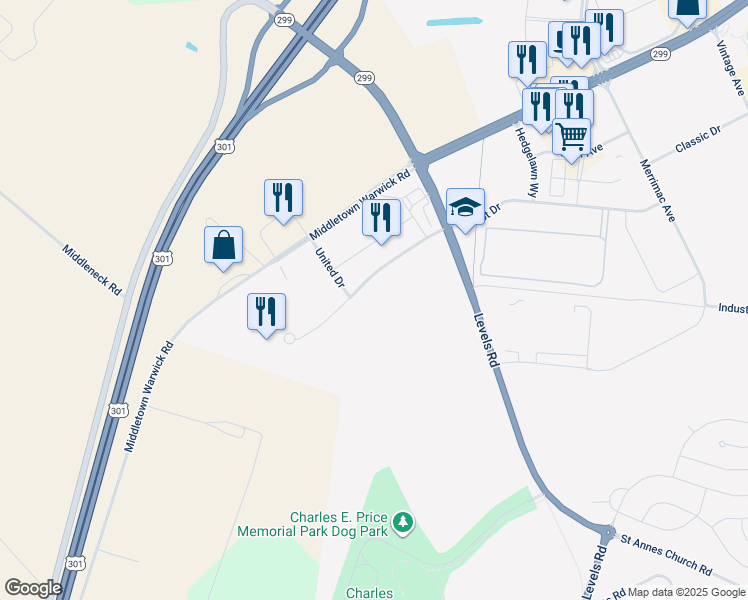 map of restaurants, bars, coffee shops, grocery stores, and more near Patriot Drive in Middletown
